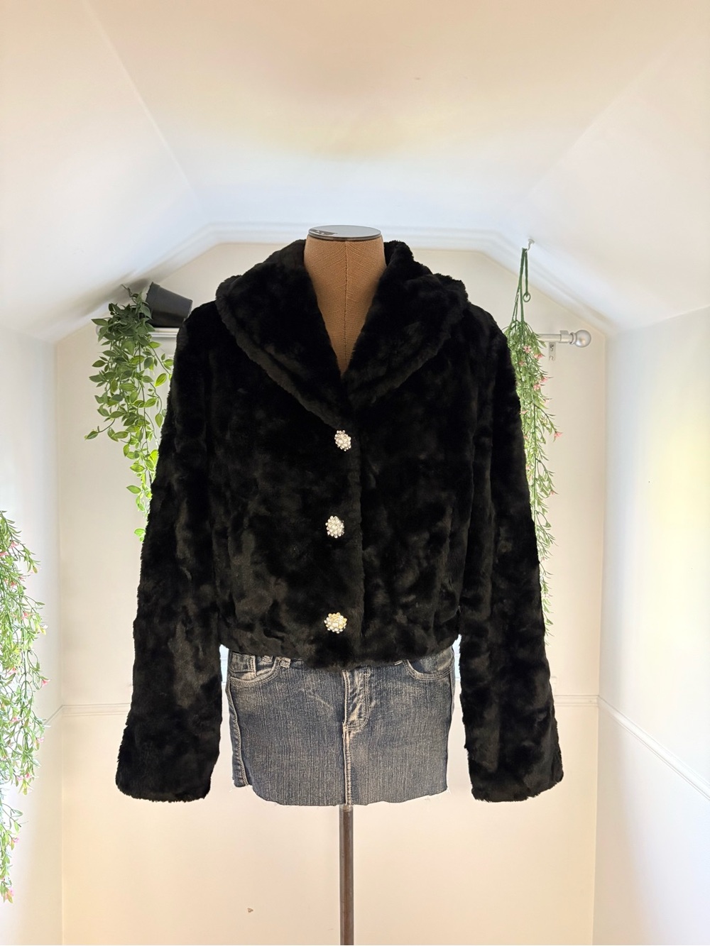 Black Rivet Black Faux Fur Cropped Teddy Jacket with Rhinestone Buttons